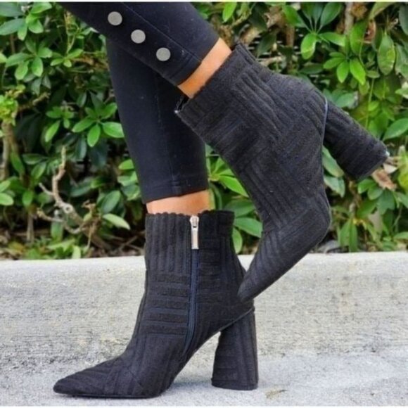 Women's Pointed Toe Zipper Chunky Heel Ankle Boots - Picture 2 of 5